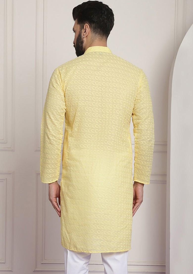 Yellow Thread Work Cotton Kurta For Men