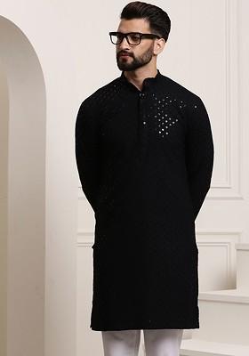 Black Thread Work Poly Blend Kurta For Men
