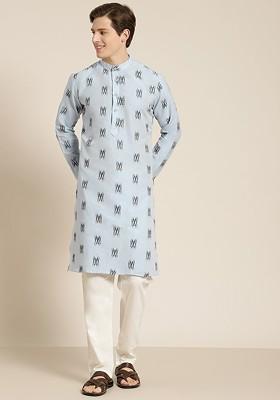Blue Solid Cotton Kurta For Men