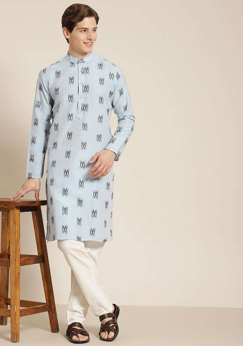 Blue Solid Cotton Kurta For Men - Indya