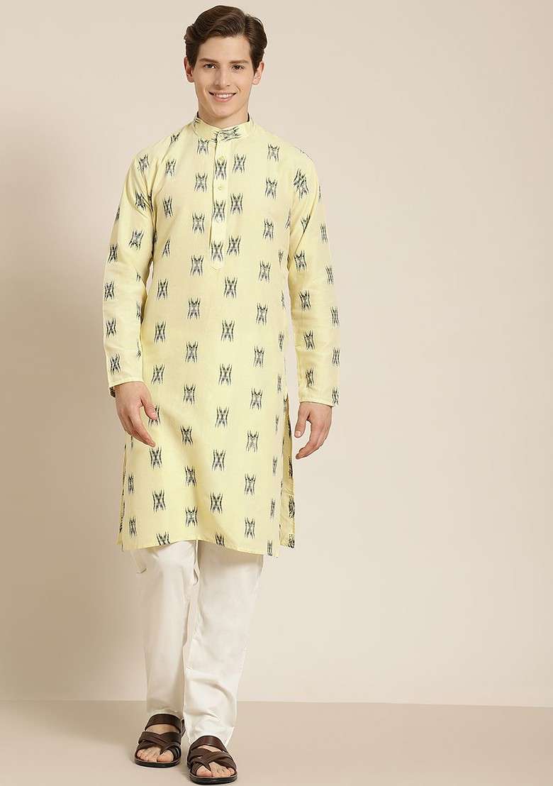 Yellow Solid Cotton Kurta For Men - Indya