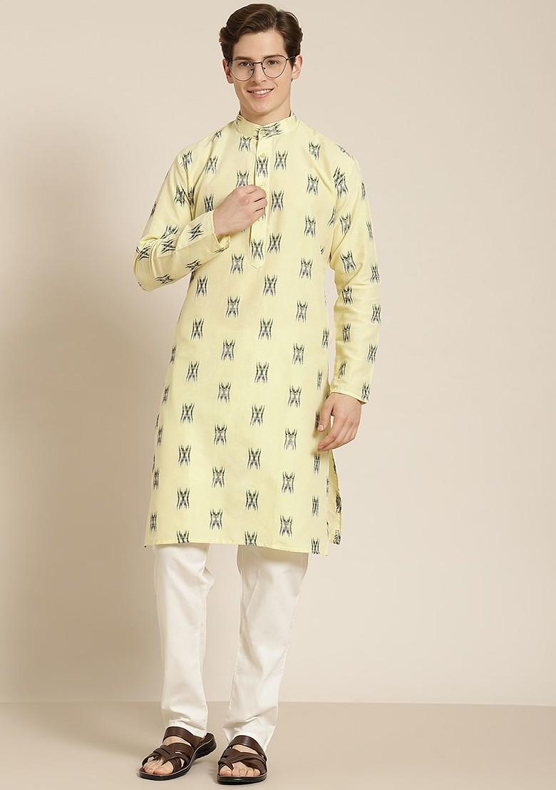 Yellow Solid Cotton Kurta For Men