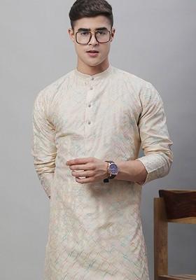 Cream Embroidered Cotton Kurta For Men
