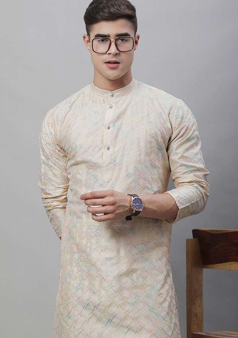 Cream Embroidered Cotton Kurta For Men - Indya