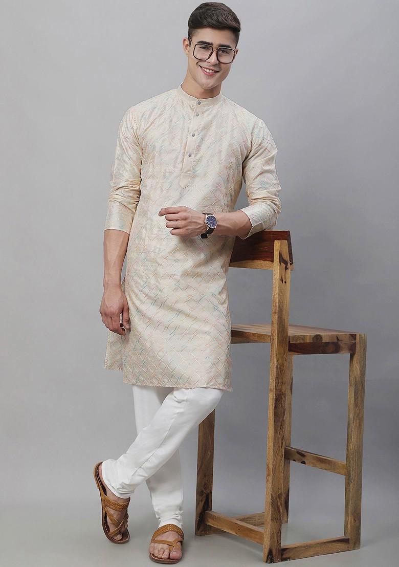 Cream Embroidered Cotton Kurta For Men