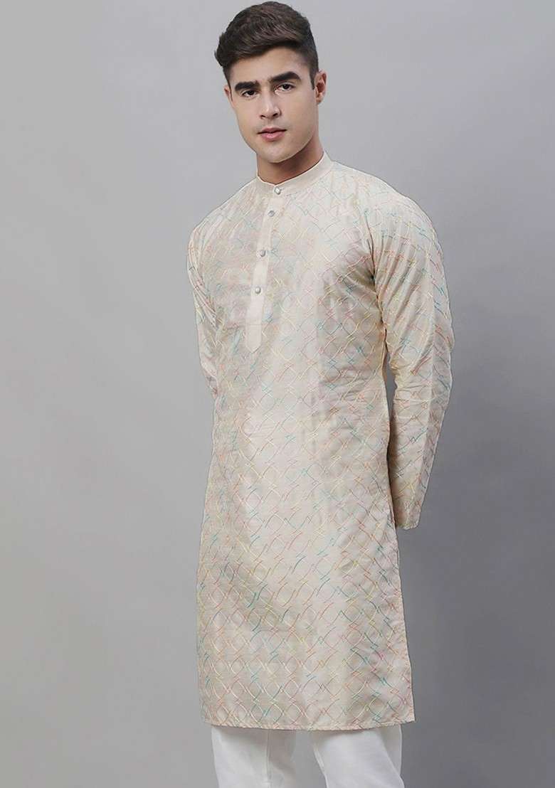 Cream Embroidered Cotton Kurta For Men - Indya