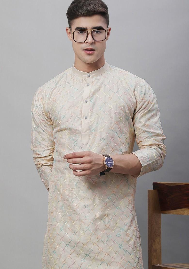 Cream Embroidered Cotton Kurta For Men