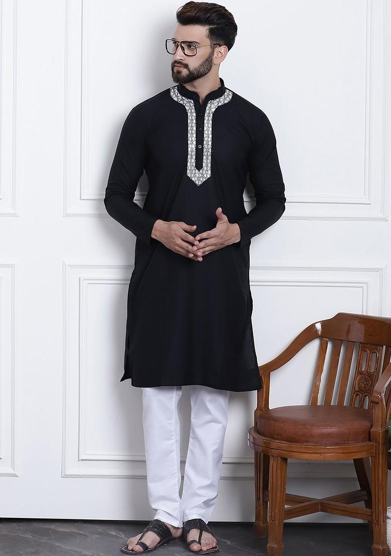 Black Gotta Patti Poly Blend Kurta For Men