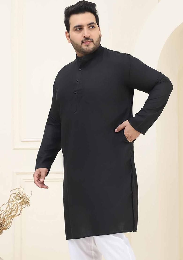 Black Solid Cotton Kurta For Men