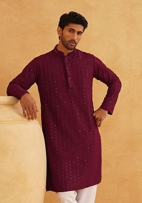 Purple Embroidered Cotton Kurta For Men