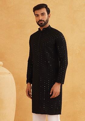 Black Embellished Cotton Kurta For Men