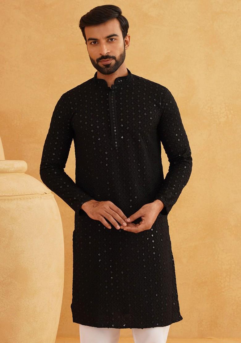 Black Embellished Cotton Kurta For Men