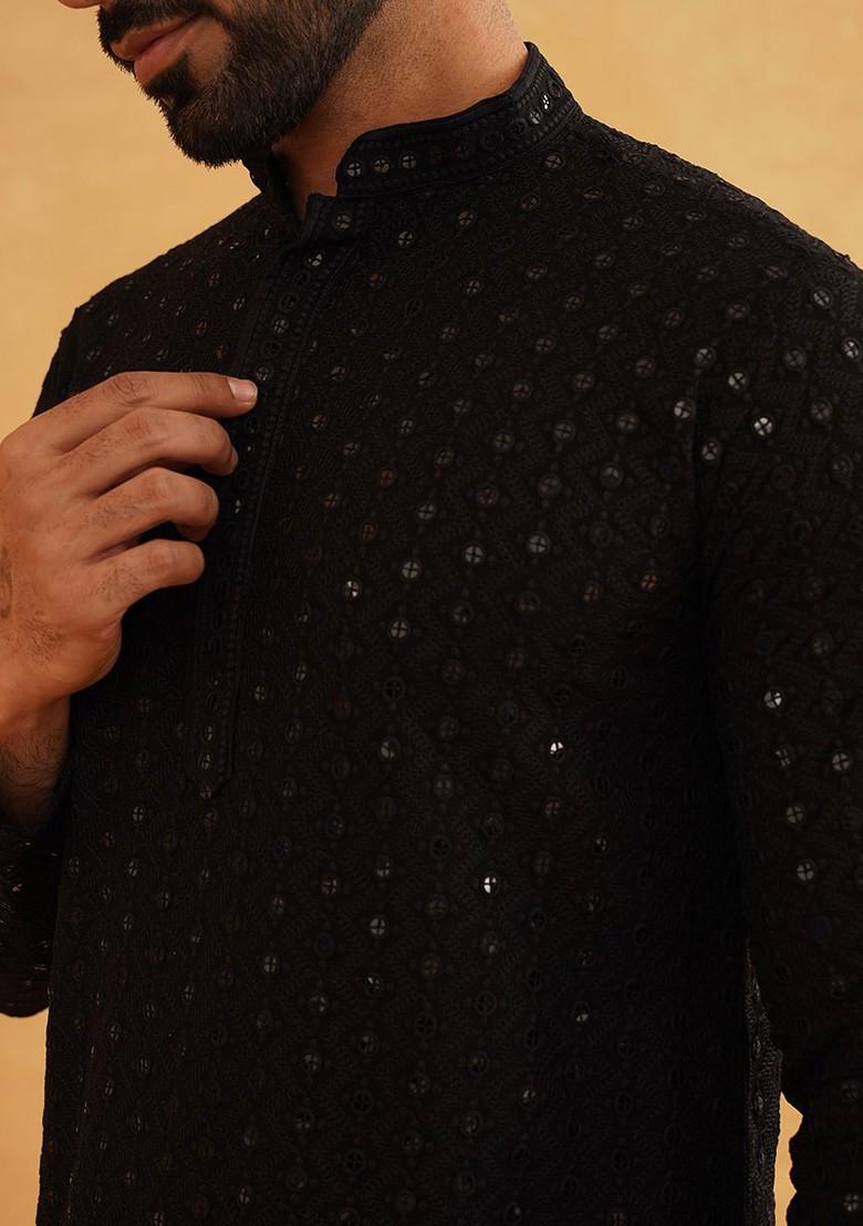 Black Embellished Cotton Kurta For Men