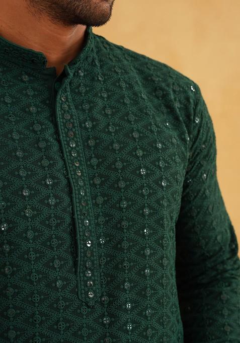 Green Thread Work Cotton Kurta For Men