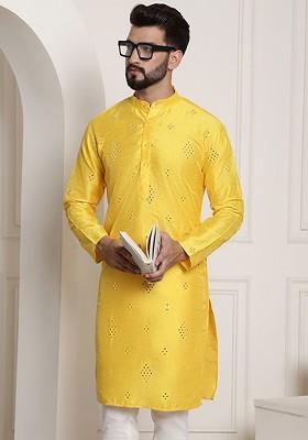 Yellow Mirror Work Poly Blend Kurta For Men