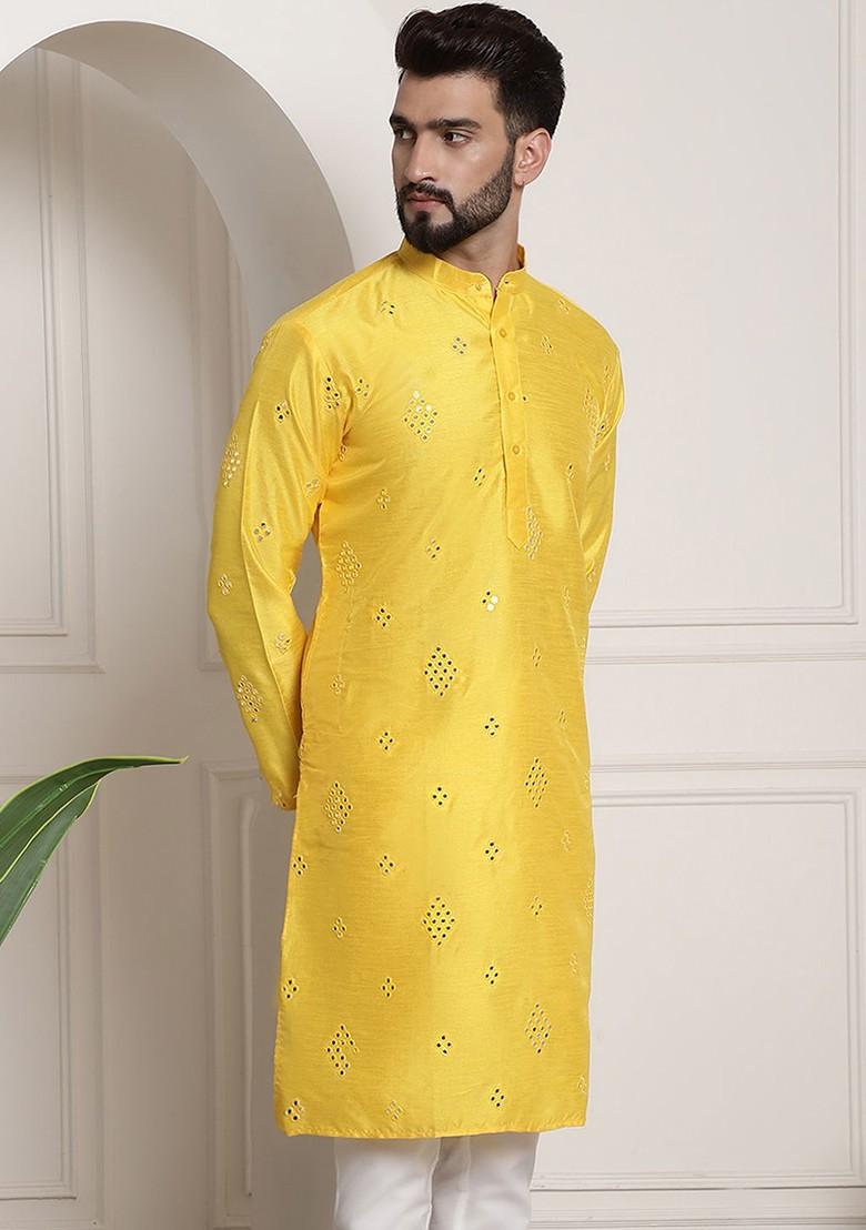 Yellow Mirror Work Poly Blend Kurta For Men