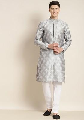 Grey Ethnic Motifs Poly Blend Kurta For Men