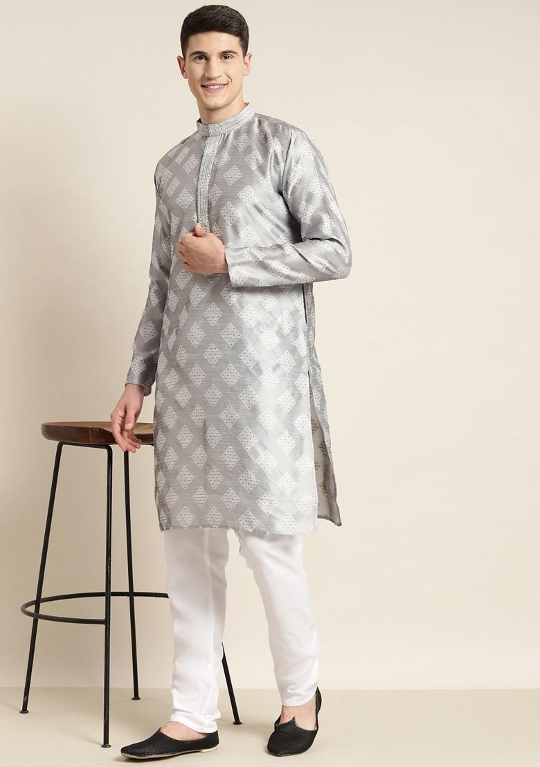 Grey Ethnic Motifs Poly Blend Kurta For Men
