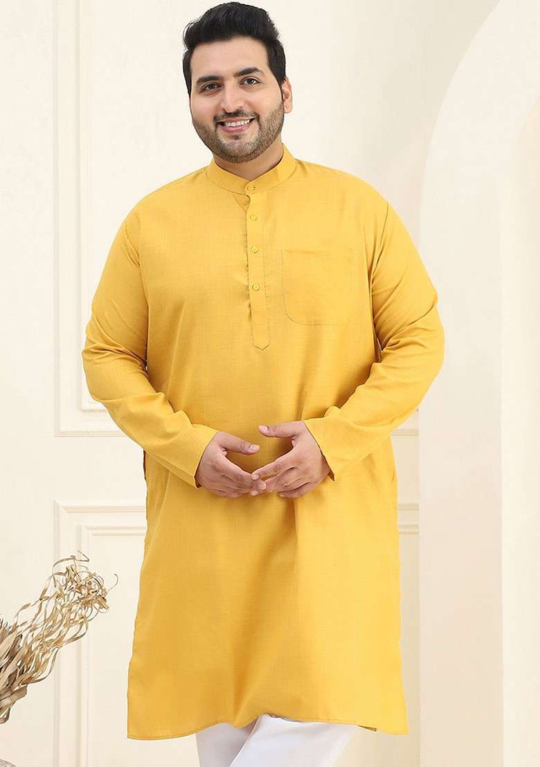Mustard Solid Cotton Kurta For Men - Indya