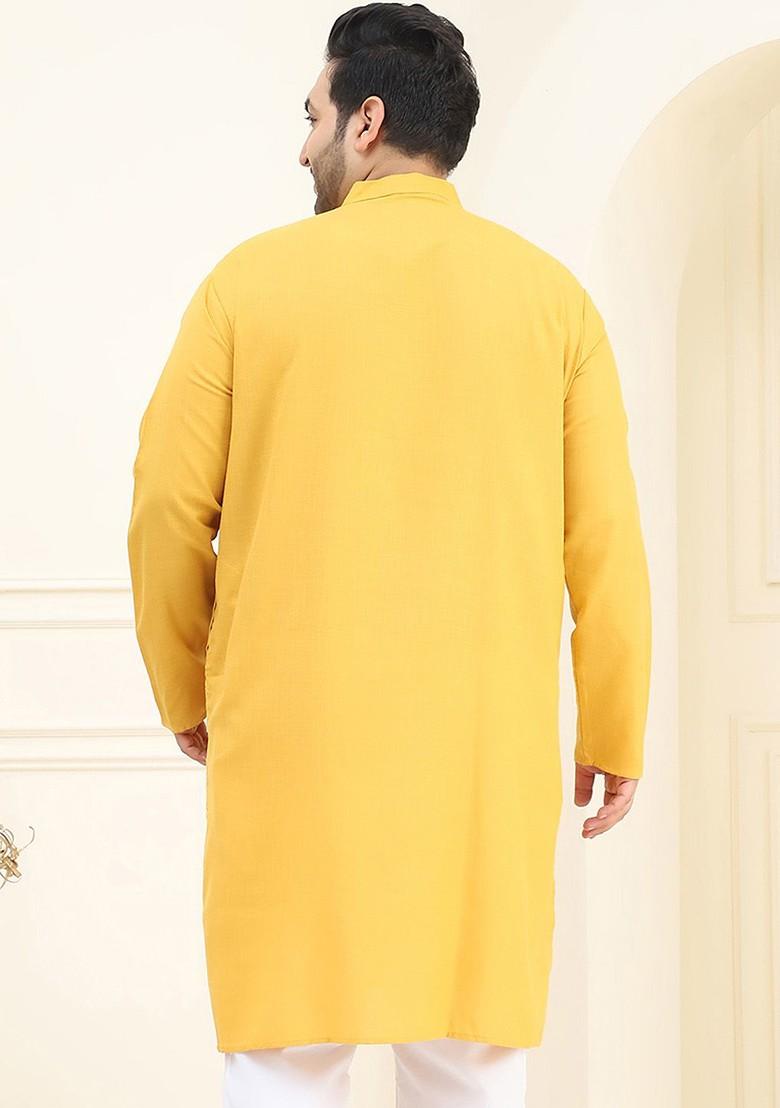 Mustard Solid Cotton Kurta For Men
