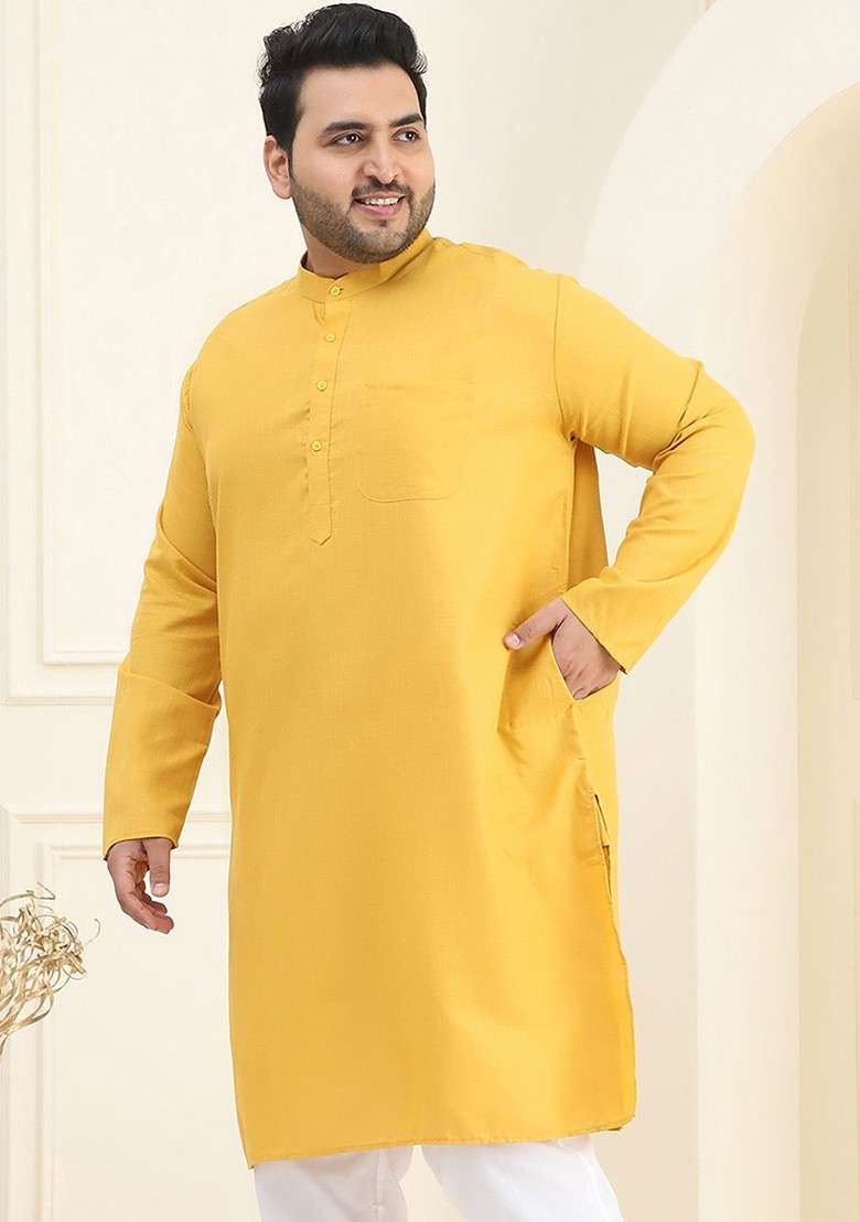 Mustard Solid Cotton Kurta For Men - Indya