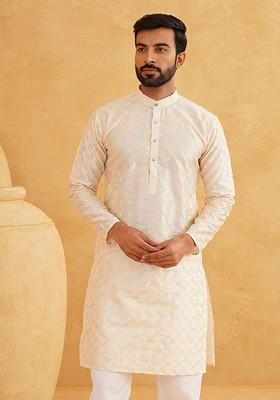 Cream Embroidered Cotton Kurta For Men