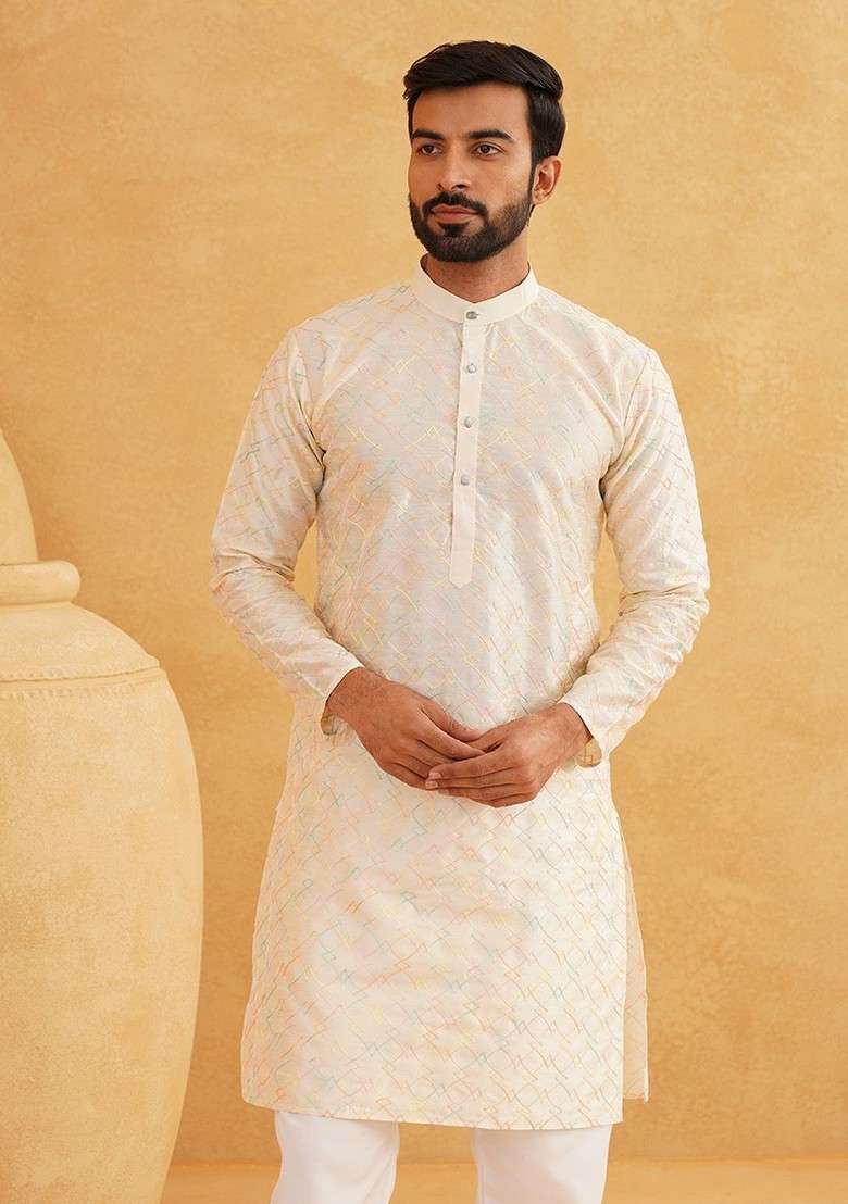 Cream Embroidered Cotton Kurta For Men - Indya