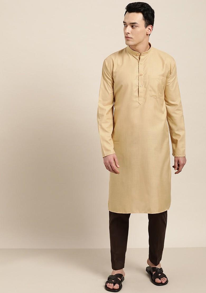 Beige Solid Poly Blend Kurta For Men