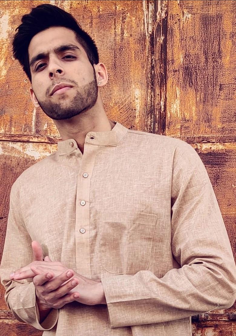 Beige Solid Poly Blend Kurta For Men