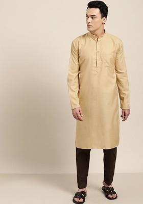 Gold Solid Cotton Kurta For Men