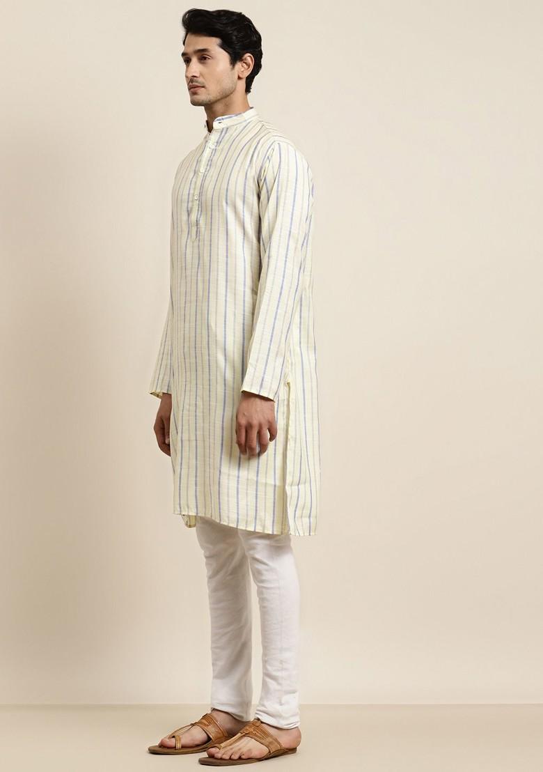 Yellow Striped Poly Blend Kurta For Men