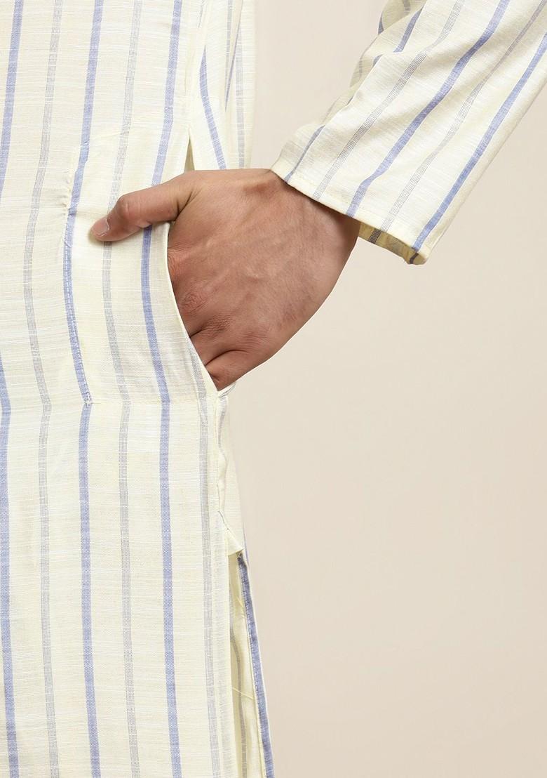 Yellow Striped Poly Blend Kurta For Men