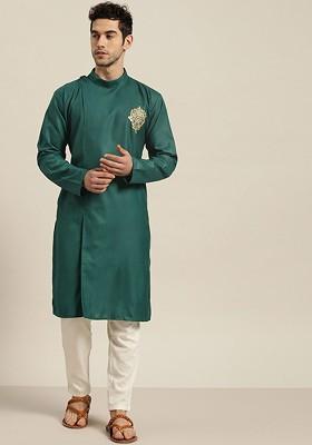 Green Solid Cotton Kurta For Men