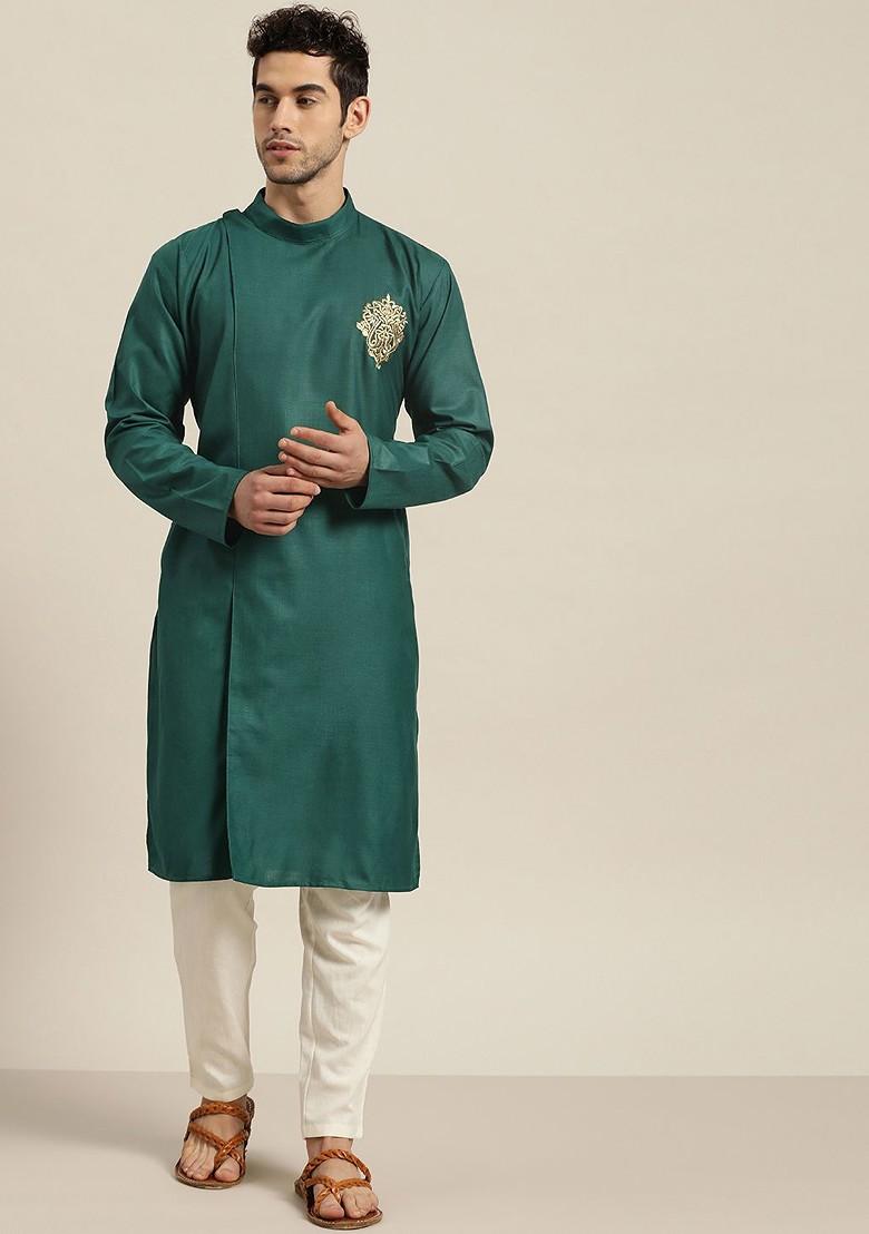 Green Solid Cotton Kurta For Men