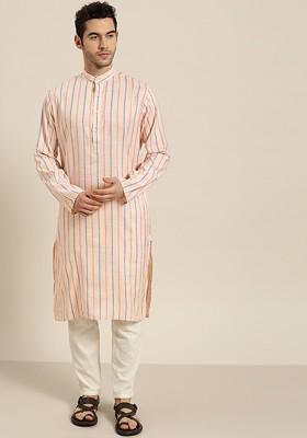 Peach Striped Cotton Kurta For Men