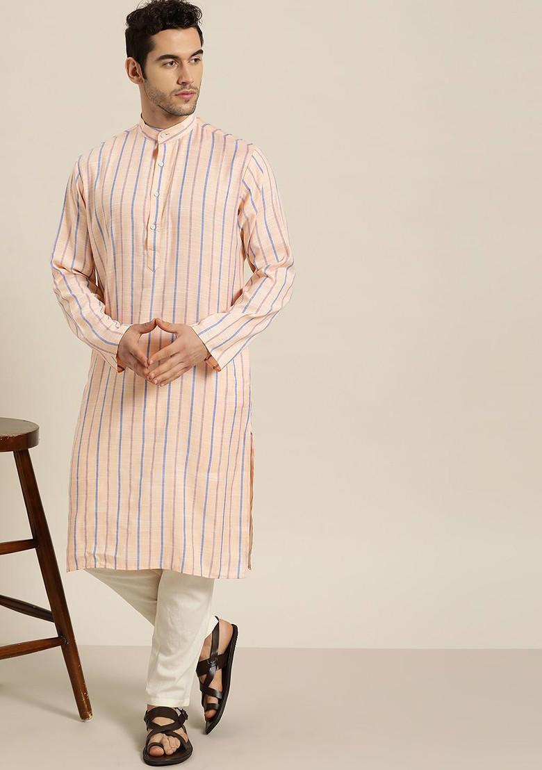 Peach Striped Cotton Kurta For Men