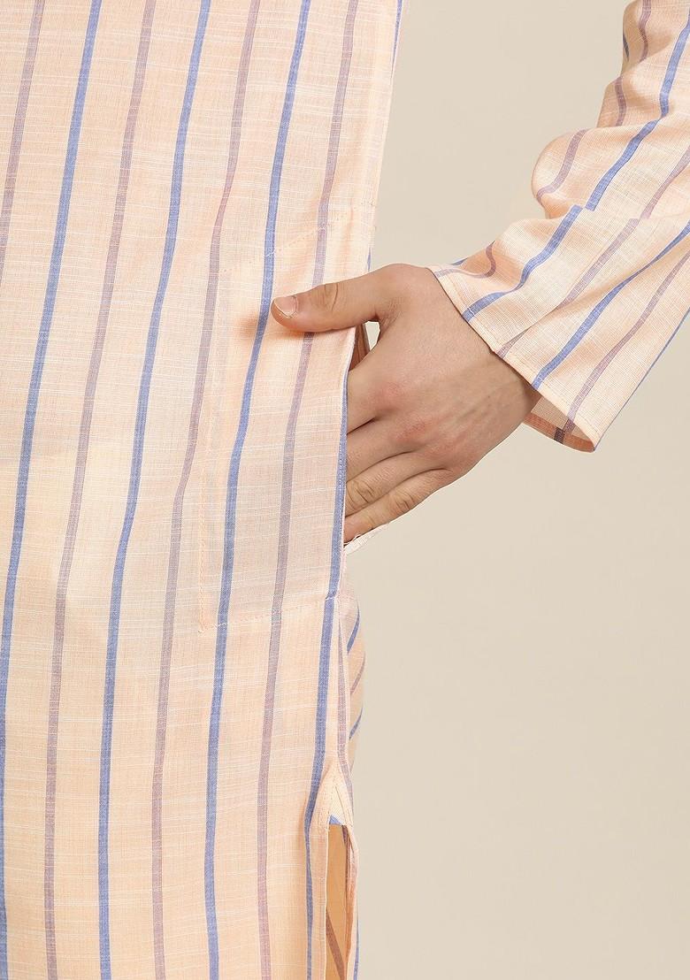 Peach Striped Cotton Kurta For Men