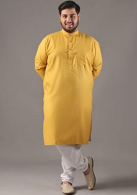 Mustard Solid Cotton Kurta For Men