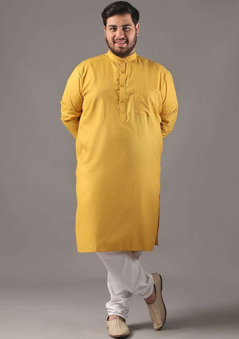 Mustard Solid Cotton Kurta For Men - Indya