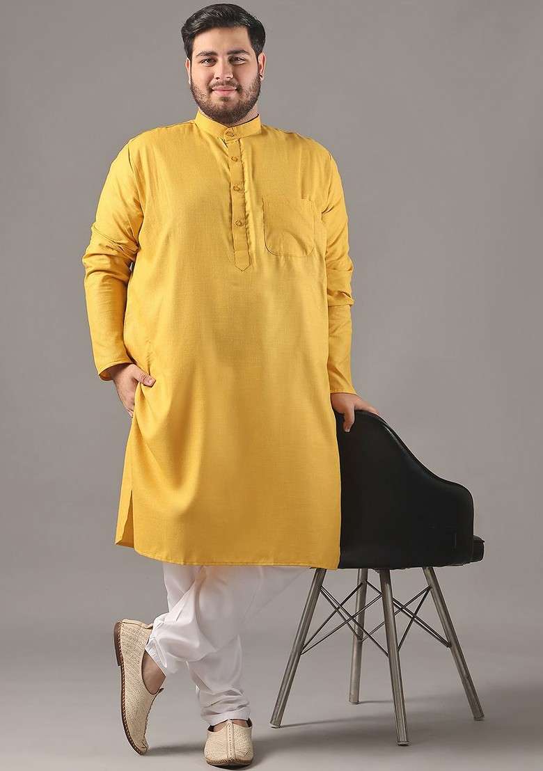 Mustard Solid Cotton Kurta For Men - Indya