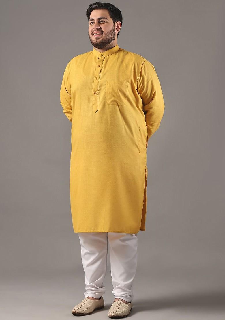 Mustard Solid Cotton Kurta For Men