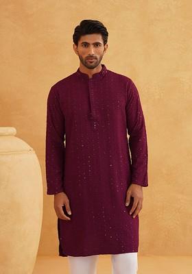 Purple Embroidered Cotton Kurta For Men