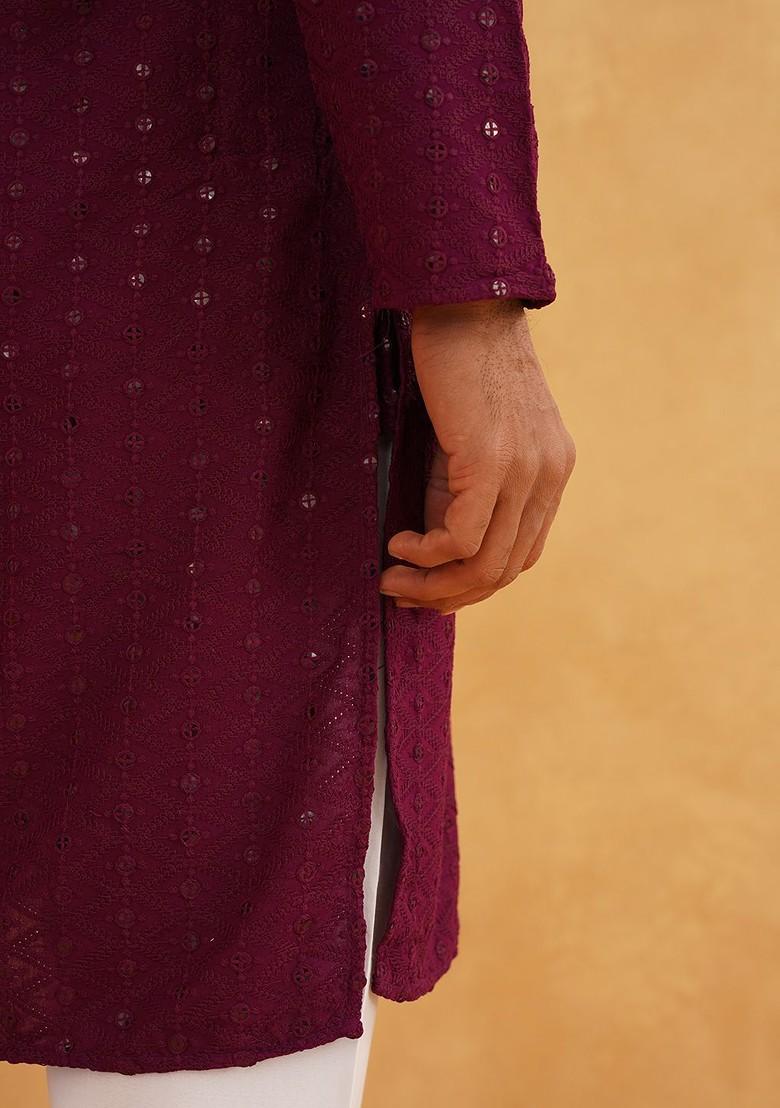 Purple Embroidered Cotton Kurta For Men