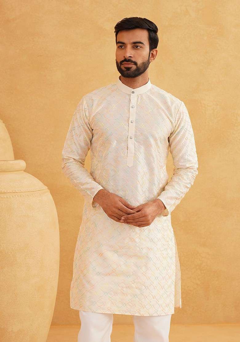 Cream Embroidered Cotton Kurta For Men - Indya