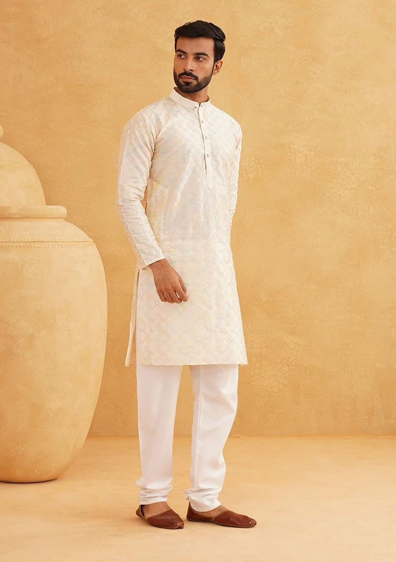 Cream Embroidered Cotton Kurta For Men