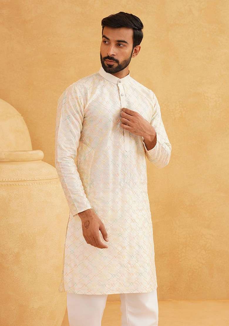 Cream Embroidered Cotton Kurta For Men - Indya