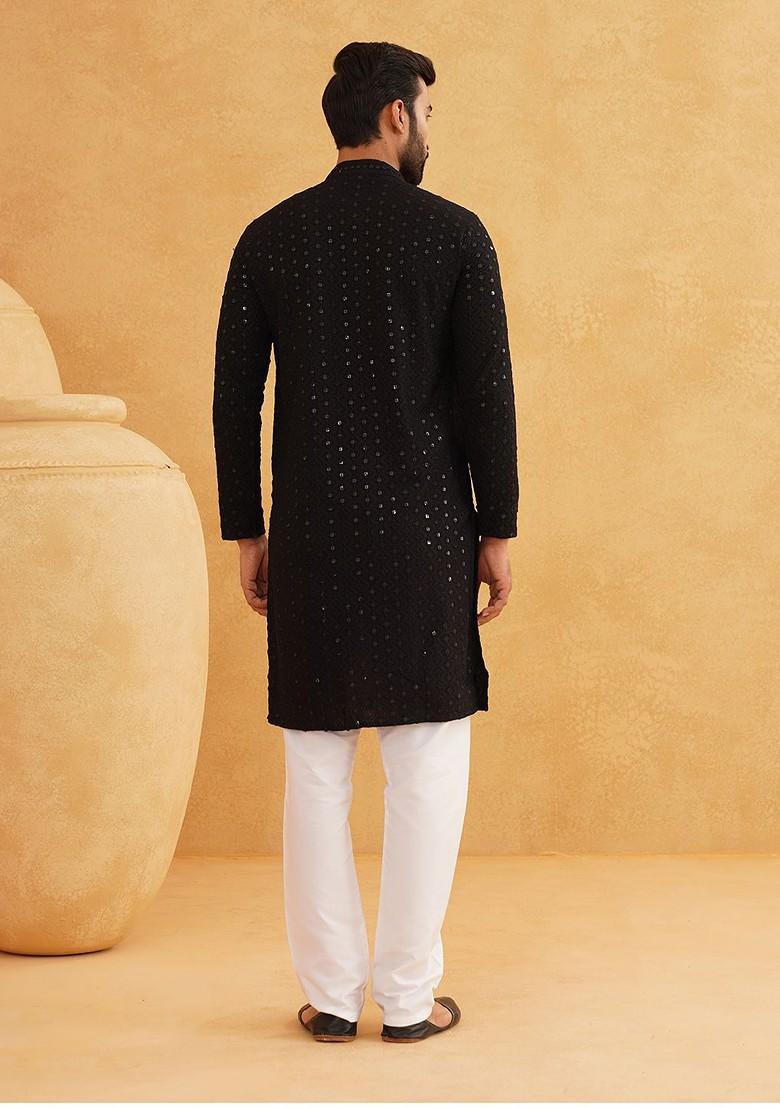 Black Embroidered Cotton Kurta For Men