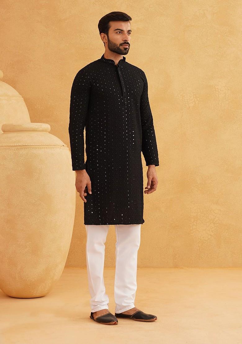 Black Embroidered Cotton Kurta For Men