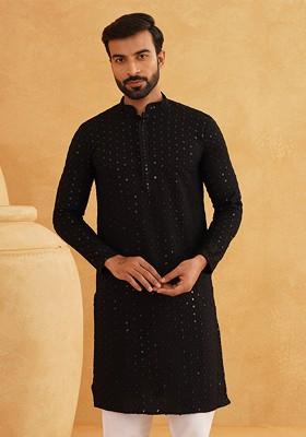Black Thread Work Poly Blend Kurta For Men