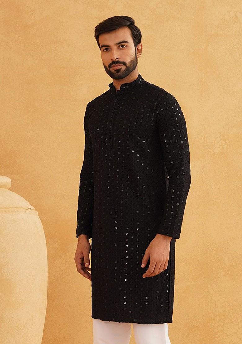 Black Thread Work Poly Blend Kurta For Men